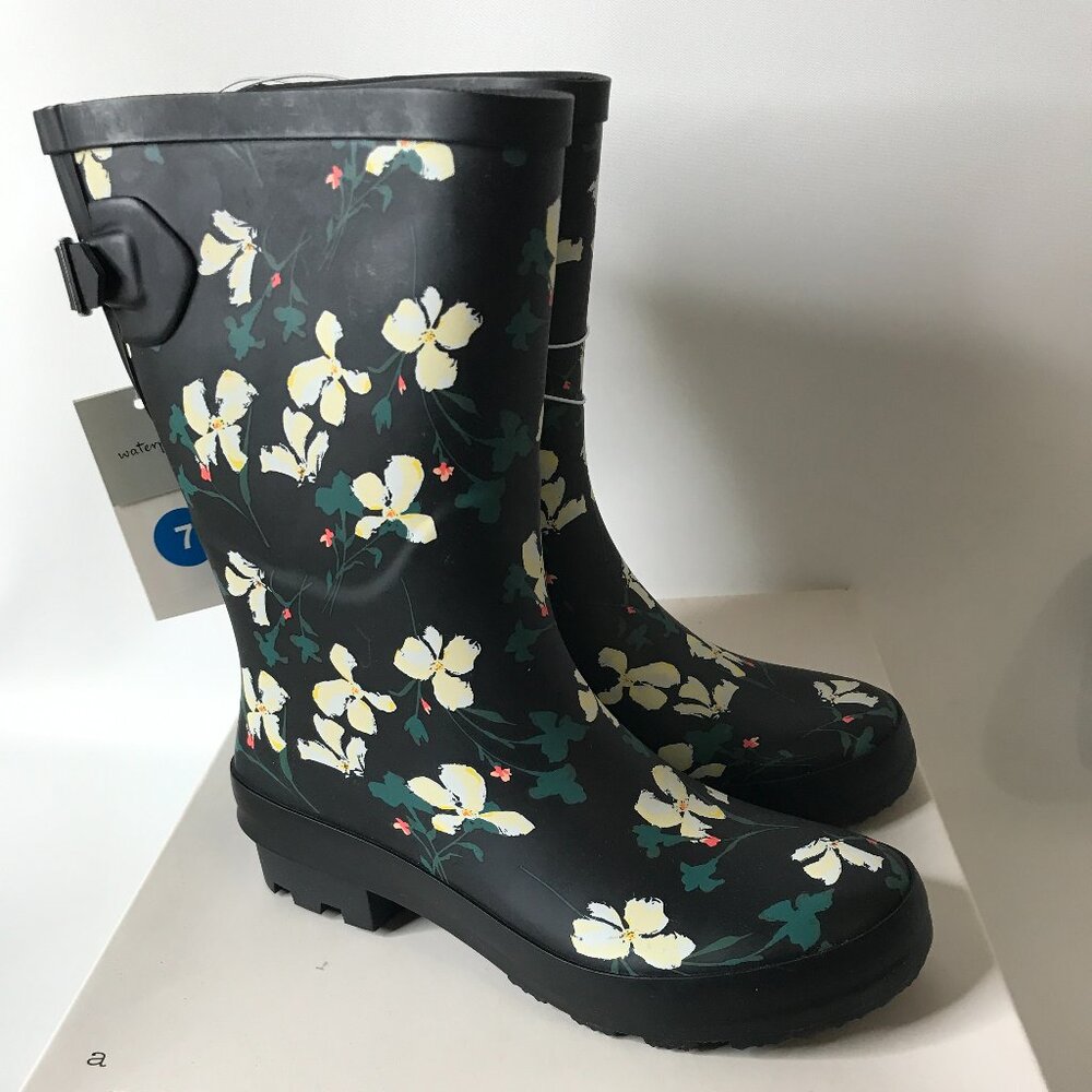 New Black Floral Vicki Mid Calf Waterproof Rain Boots ~ A New Day Size 7